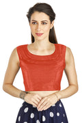 Aastha Fashion Orange Art Silk Pleated Boat Neck Plain Readymade Blouse