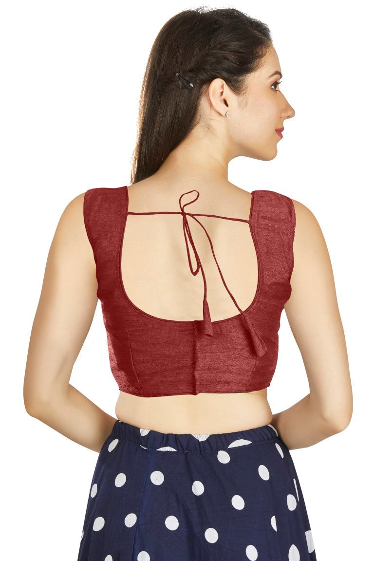 Aastha Fashion Maroon Art Silk Pleated Boat Neck Plain Readymade Blouse