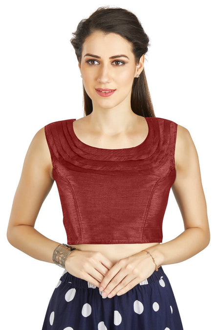 Aastha Fashion Maroon Art Silk Pleated Boat Neck Plain Readymade Blouse