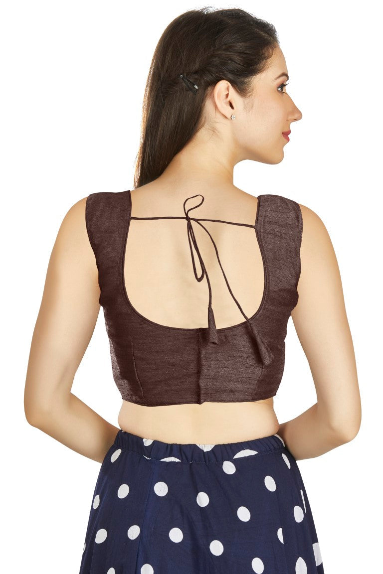Aastha Fashion Brown Art Silk Pleated Boat Neck Plain Readymade Blouse