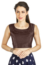 Aastha Fashion Brown Art Silk Pleated Boat Neck Plain Readymade Blouse