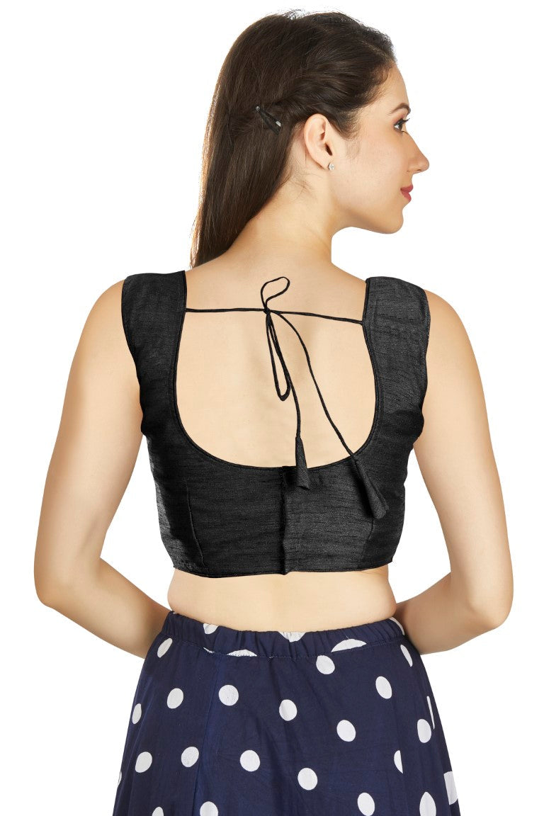 Aastha Fashion Black Art Silk Pleated Boat Neck Plain Readymade Blouse