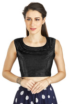Aastha Fashion Black Art Silk Pleated Boat Neck Plain Readymade Blouse