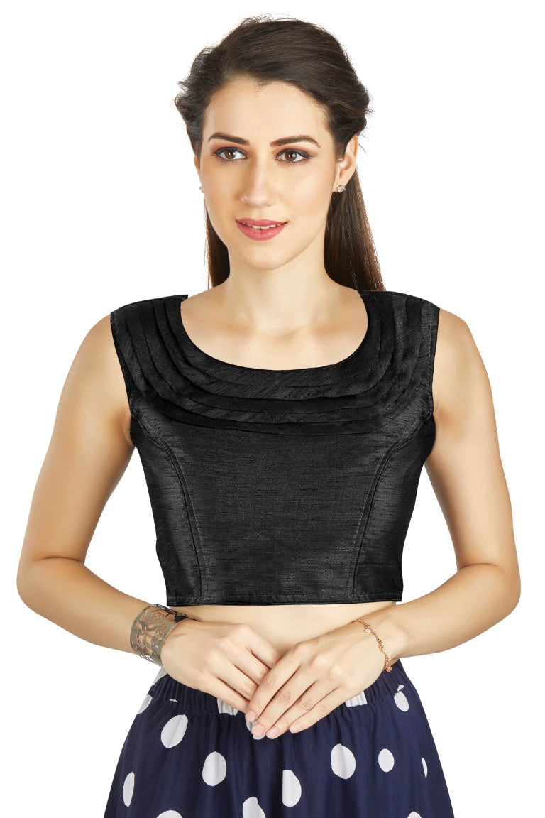 Aastha Fashion Black Art Silk Pleated Boat Neck Plain Readymade Blouse