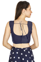 Aastha Fashion Navy Blue Art Silk Pleated Boat Neck Plain Readymade Blouse