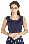 Aastha Fashion Navy Blue Art Silk Pleated Boat Neck Plain Readymade Blouse