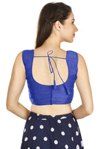 Aastha Fashion Royal Blue Art Silk Pleated Boat Neck Plain Readymade Blouse