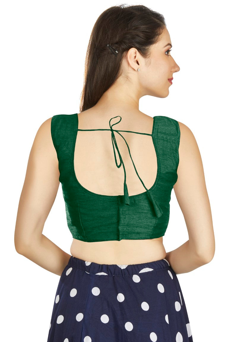 Aastha Fashion Green Art Silk Pleated Boat Neck Plain Readymade Blouse