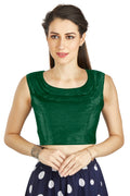 Aastha Fashion Green Art Silk Pleated Boat Neck Plain Readymade Blouse
