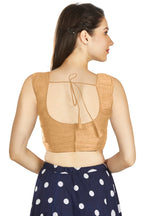 Aastha Fashion Beige Art Silk Pleated Boat Neck Plain Readymade Blouse