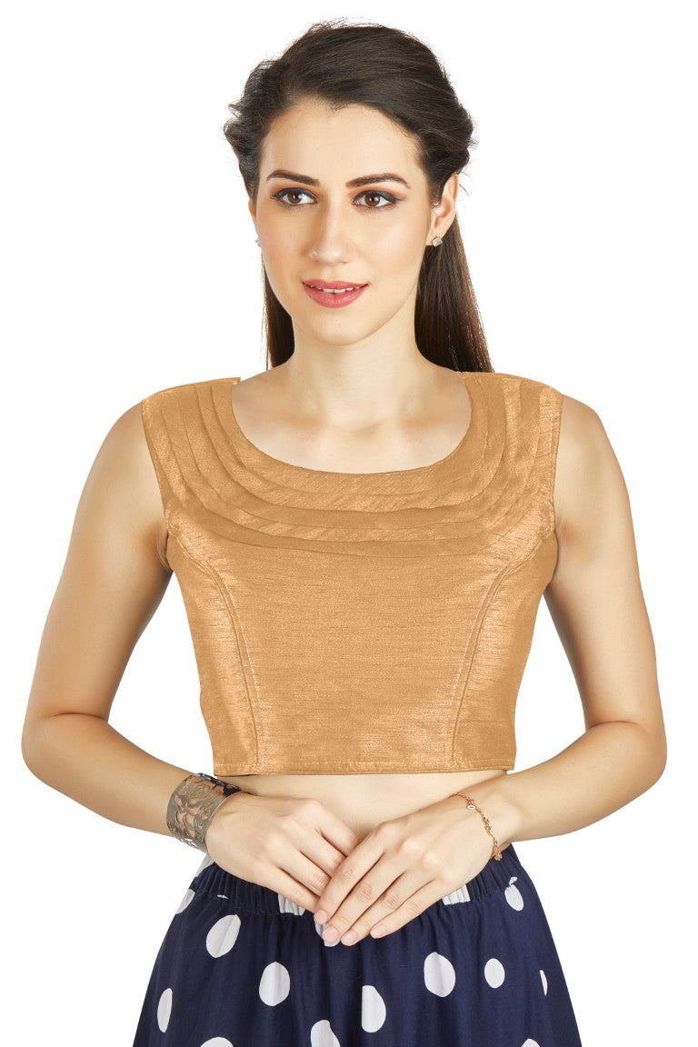 Aastha Fashion Beige Art Silk Pleated Boat Neck Plain Readymade Blouse