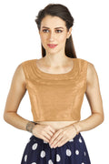 Aastha Fashion Beige Art Silk Pleated Boat Neck Plain Readymade Blouse