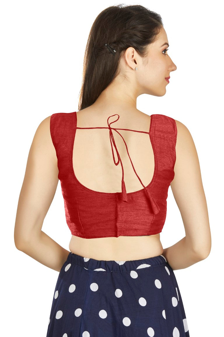 Aastha Fashion Red Art Silk Pleated Boat Neck Plain Readymade Blouse