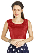 Aastha Fashion Red Art Silk Pleated Boat Neck Plain Readymade Blouse