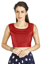 Aastha Fashion Red Art Silk Pleated Boat Neck Plain Readymade Blouse
