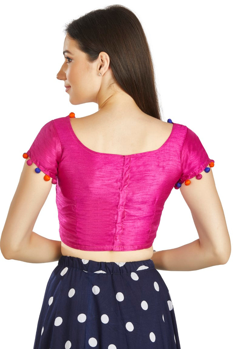 Aastha Fashion Pink Art Sleek Boat Neck Potli Design In Neck Or Sleeve Readymade Blouse