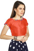 Aastha Fashion Orange Art Sleek Boat Neck Potli Design In Neck Or Sleeve Readymade Blouse