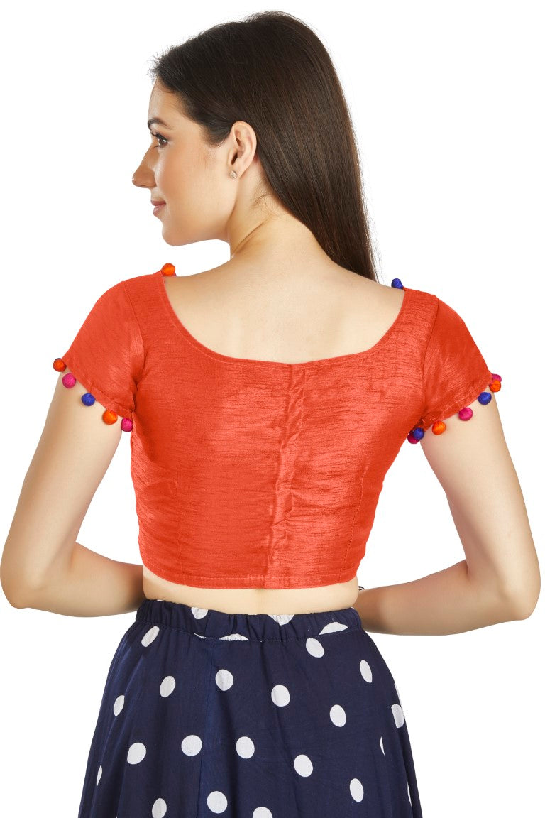 Aastha Fashion Orange Art Sleek Boat Neck Potli Design In Neck Or Sleeve Readymade Blouse