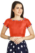 Aastha Fashion Orange Art Sleek Boat Neck Potli Design In Neck Or Sleeve Readymade Blouse