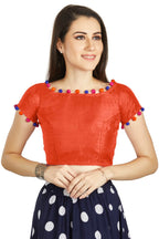 Aastha Fashion Orange Art Sleek Boat Neck Potli Design In Neck Or Sleeve Readymade Blouse