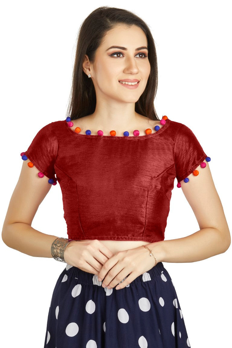 Aastha Fashion Maroon Art Sleek Boat Neck Potli Design In Neck Or Sleeve Readymade Blouse