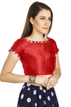 Aastha Fashion Red Art Sleek Boat Neck Potli Design In Neck Or Sleeve Readymade Blouse
