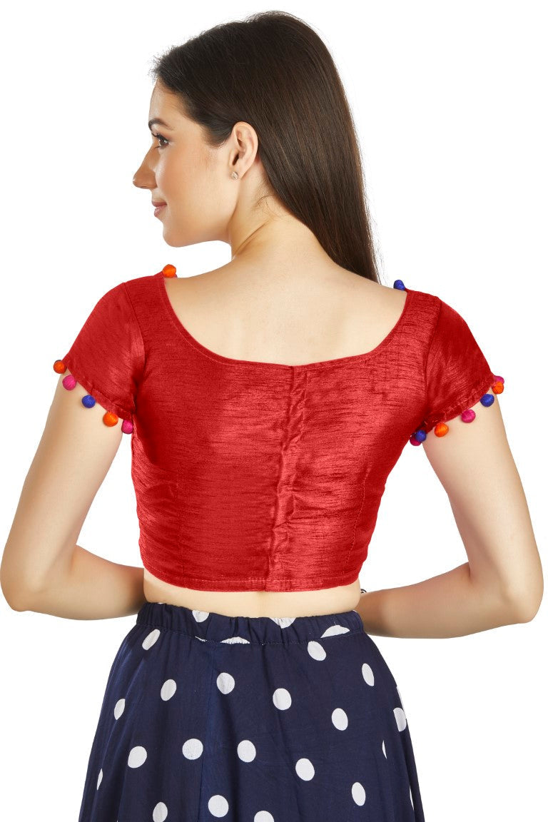 Aastha Fashion Red Art Sleek Boat Neck Potli Design In Neck Or Sleeve Readymade Blouse
