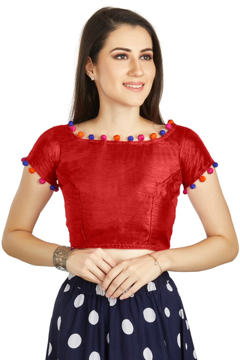 Aastha Fashion Red Art Sleek Boat Neck Potli Design In Neck Or Sleeve Readymade Blouse