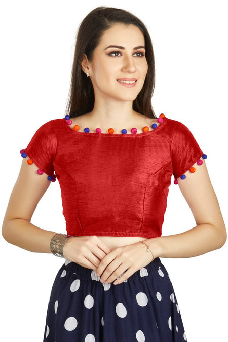 Aastha Fashion Red Art Sleek Boat Neck Potli Design In Neck Or Sleeve Readymade Blouse