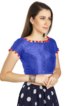 Aastha Fashion Royal Blue Art Sleek Boat Neck Potli Design In Neck Or Sleeve Readymade Blouse