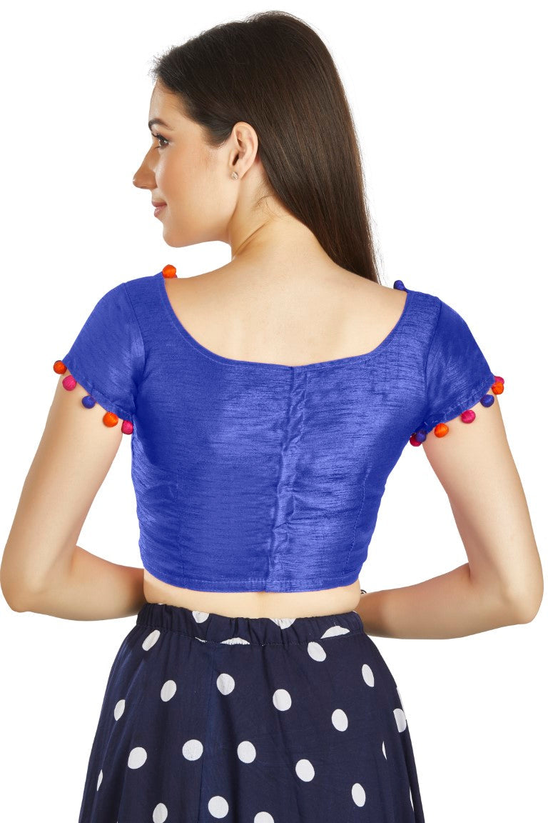 Aastha Fashion Royal Blue Art Sleek Boat Neck Potli Design In Neck Or Sleeve Readymade Blouse