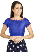 Aastha Fashion Royal Blue Art Sleek Boat Neck Potli Design In Neck Or Sleeve Readymade Blouse