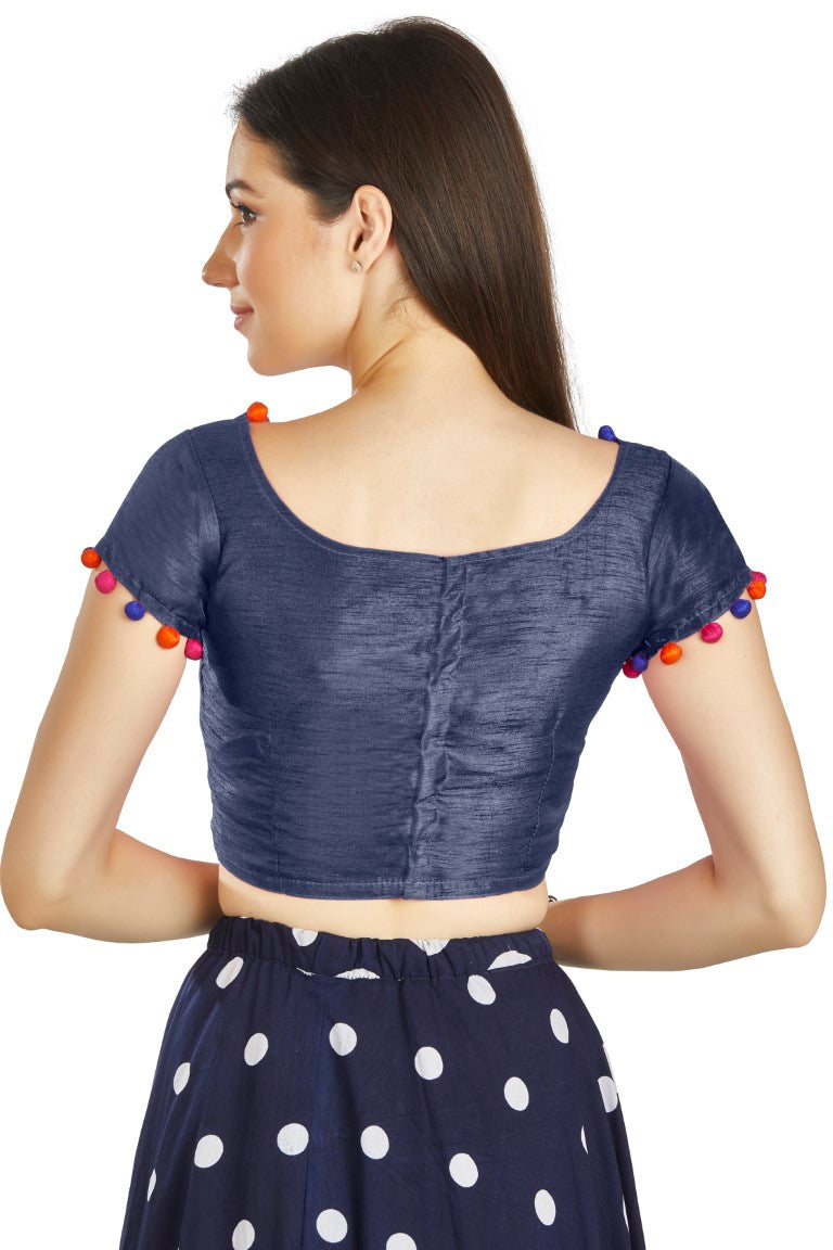 Aastha Fashion Navy Blue Art Sleek Boat Neck Potli Design In Neck Or Sleeve Readymade Blouse