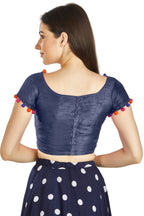 Aastha Fashion Navy Blue Art Sleek Boat Neck Potli Design In Neck Or Sleeve Readymade Blouse