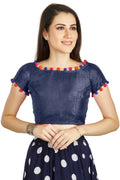 Aastha Fashion Navy Blue Art Sleek Boat Neck Potli Design In Neck Or Sleeve Readymade Blouse