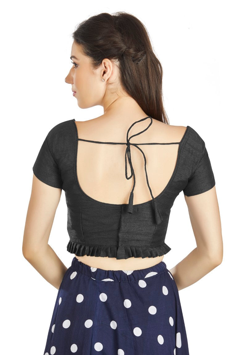 Aastha Fashion Black Art Silk Pleated Boat Neck Princes Readymade Blouse