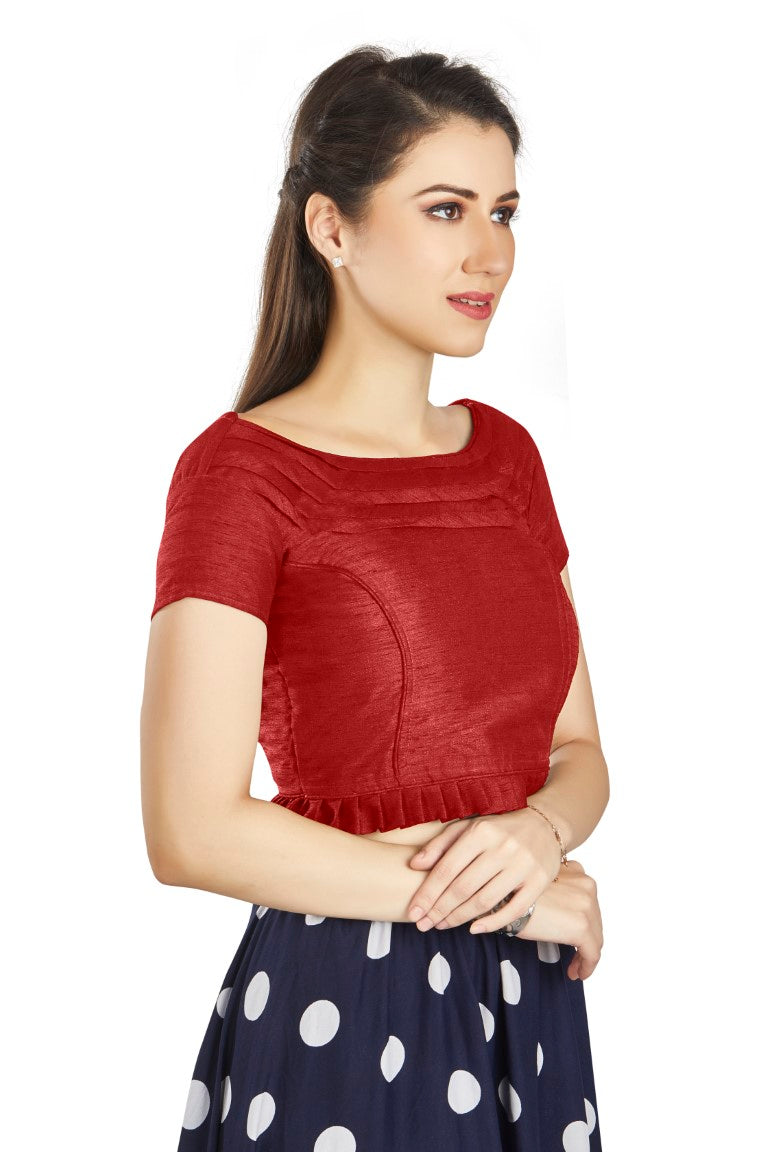 Aastha Fashion Red Art Silk Pleated Boat Neck Princes Readymade Blouse