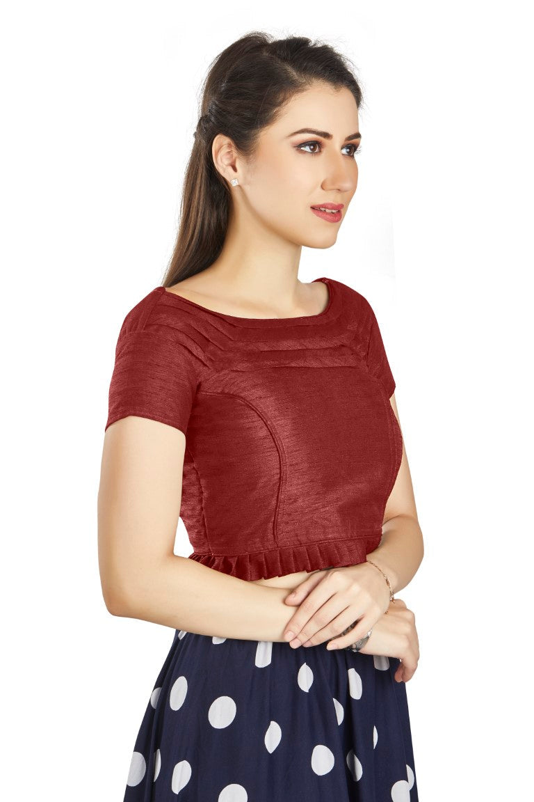 Aastha Fashion Maroon Art Silk Pleated Boat Neck Princes Readymade Blouse
