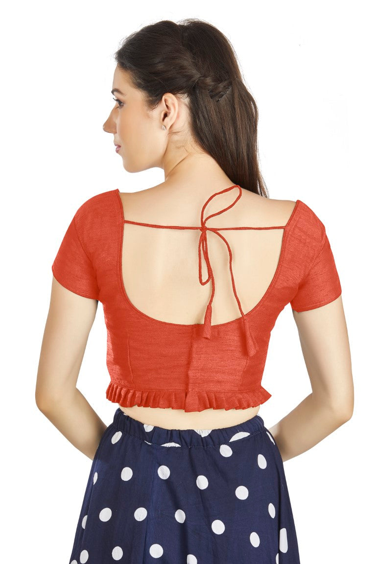 Aastha Fashion Orange Art Silk Pleated Boat Neck Princes Readymade Blouse