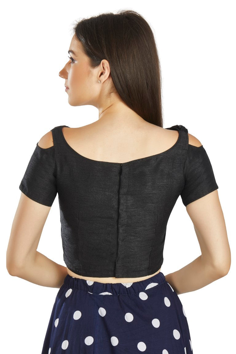 Aastha Fashion Black Art Silk V Neck Frill neck Work Readymade Blouse