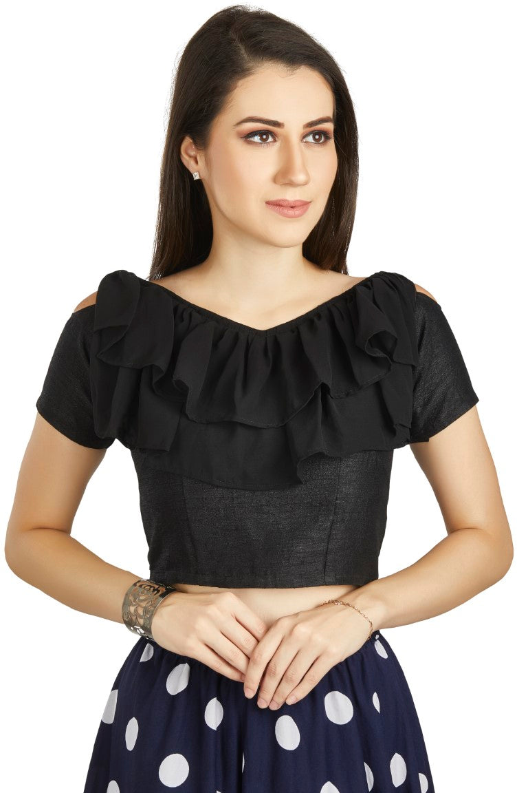 Aastha Fashion Black Art Silk V Neck Frill neck Work Readymade Blouse