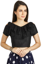 Aastha Fashion Black Art Silk V Neck Frill neck Work Readymade Blouse