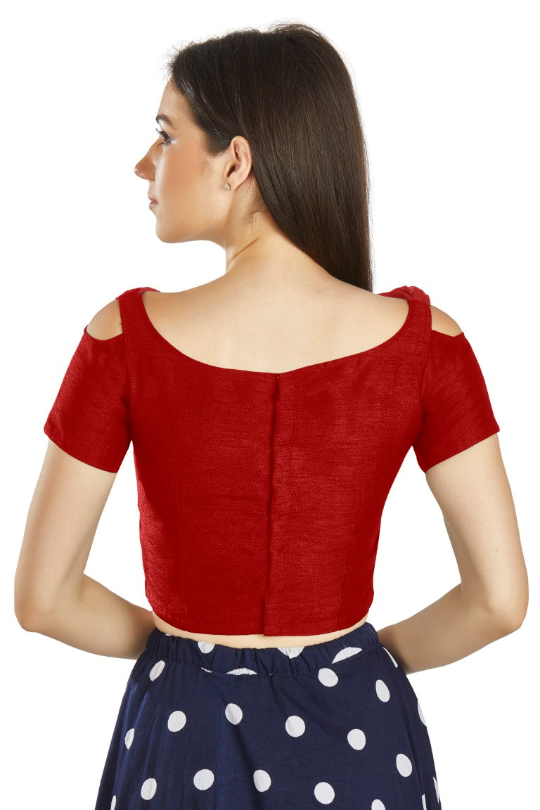 Aastha Fashion Red Art Silk V Neck Frill neck Work Readymade Blouse