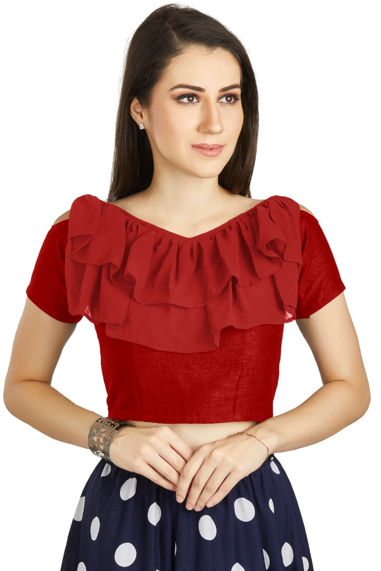 Aastha Fashion Red Art Silk V Neck Frill neck Work Readymade Blouse