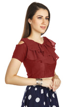 Aastha Fashion Maroon Art Silk V Neck Frill neck Work Readymade Blouse