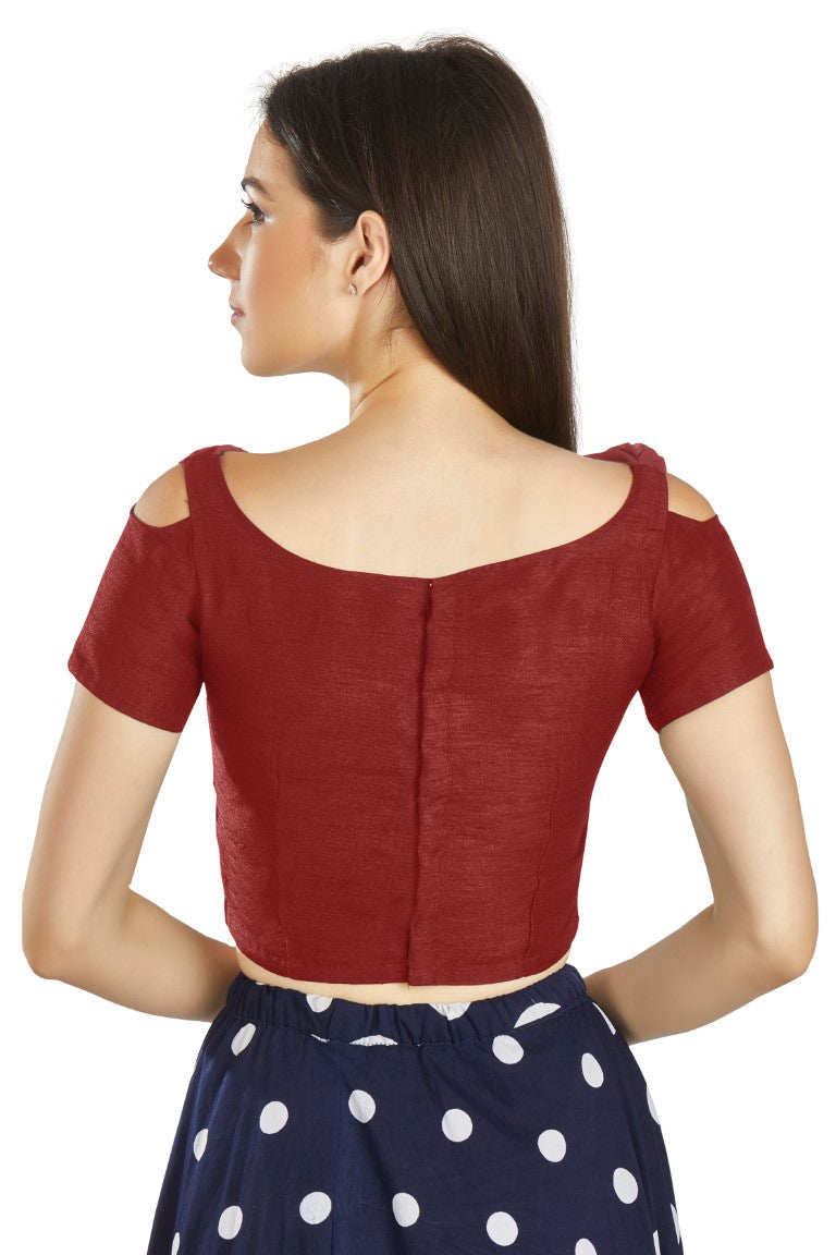Aastha Fashion Maroon Art Silk V Neck Frill neck Work Readymade Blouse