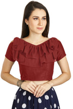 Aastha Fashion Maroon Art Silk V Neck Frill neck Work Readymade Blouse