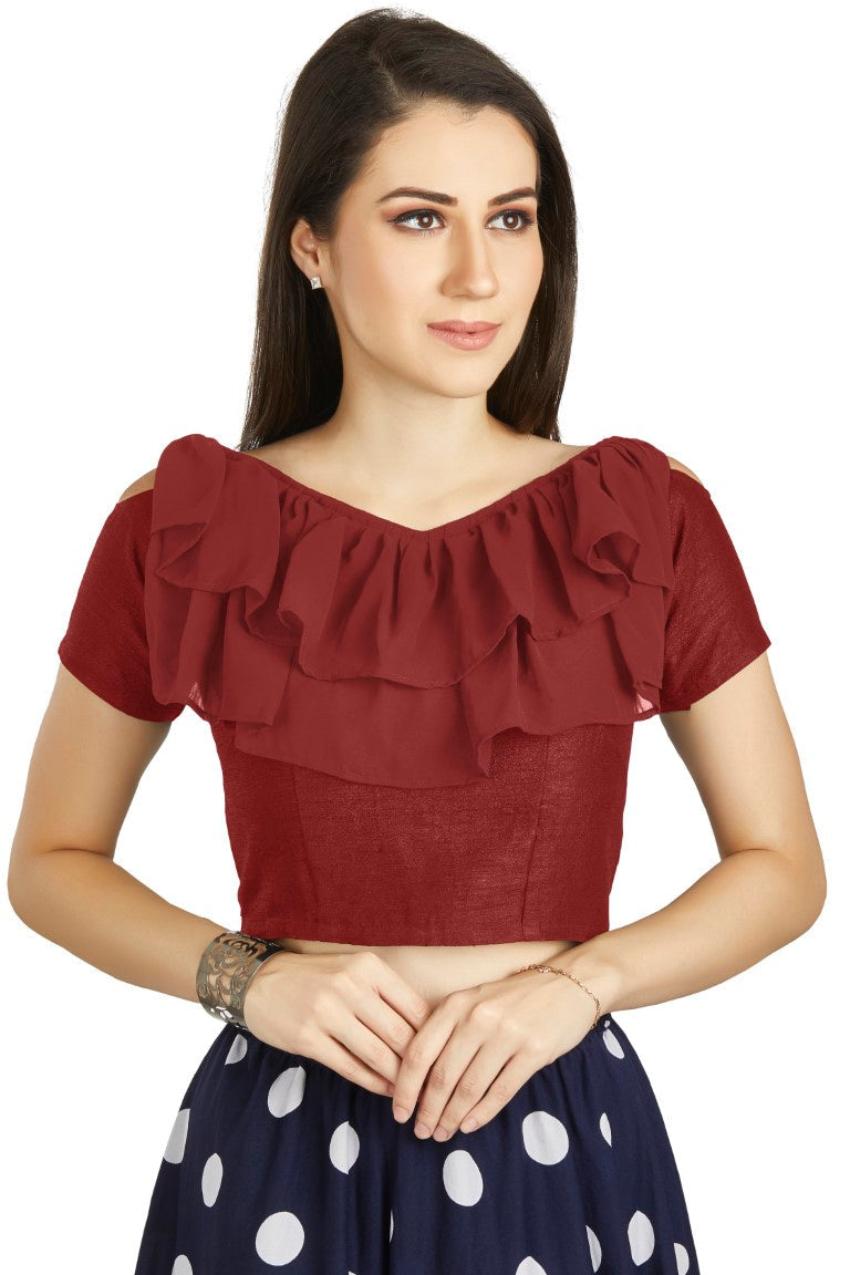 Aastha Fashion Maroon Art Silk V Neck Frill neck Work Readymade Blouse