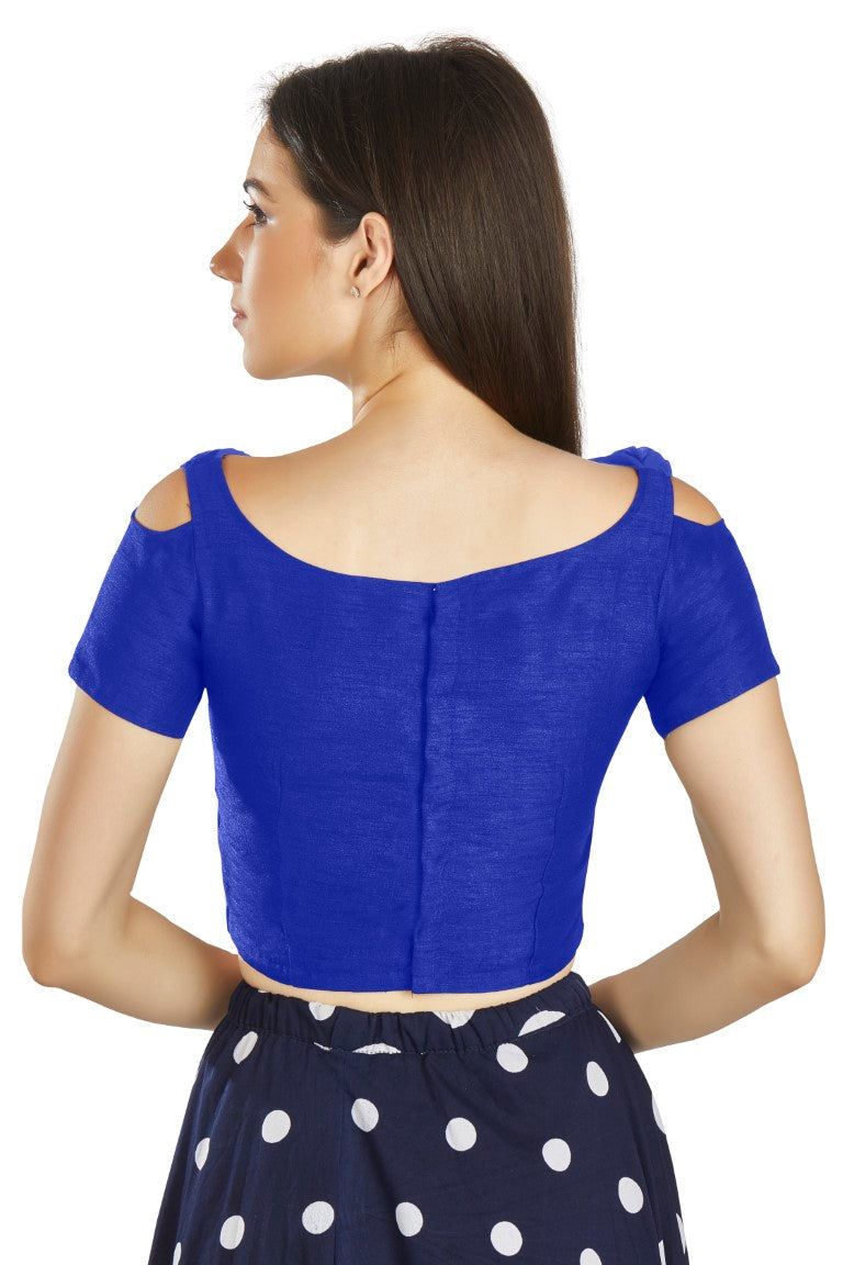 Aastha Fashion Royal Blue Art Silk V Neck Frill neck Work Readymade Blouse