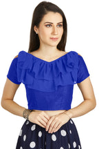 Aastha Fashion Royal Blue Art Silk V Neck Frill neck Work Readymade Blouse